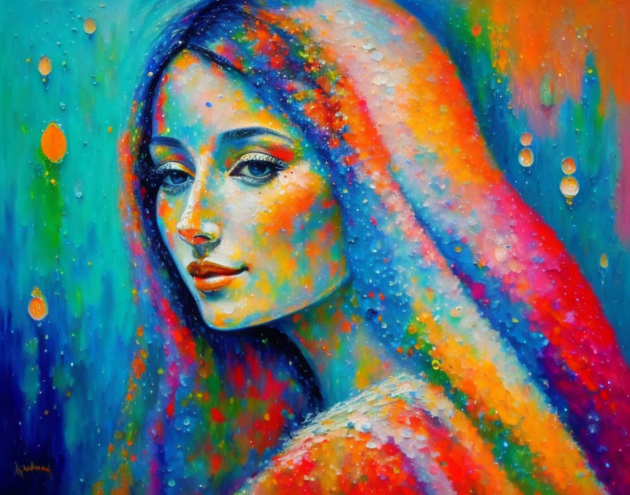 Colorful Portrait of Woman with Rainbow Shawl and Abstract Background