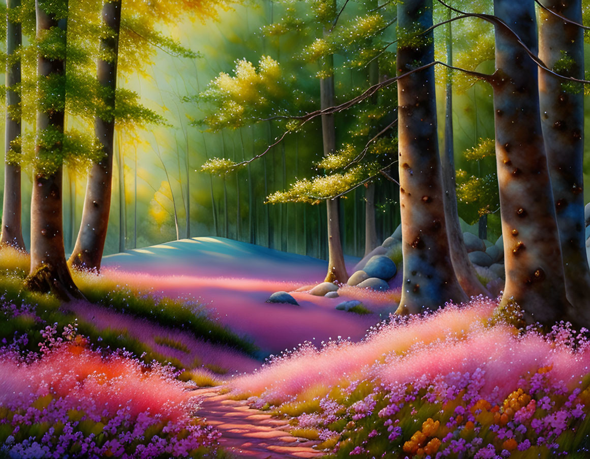 Colorful Flowers and Sunbeams on Forest Path