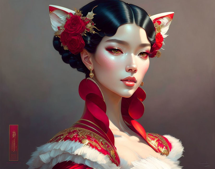 Digital artwork of woman with feline ears, red flowers, gold jewelry, red & white outfit