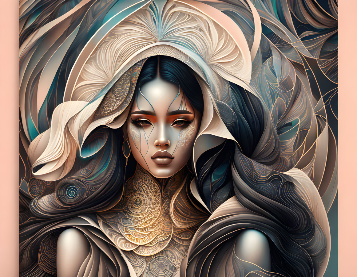 Stylized digital portrait of woman with flowing hair and gold patterns