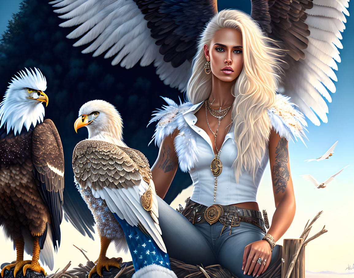 Platinum blonde woman with white wings and bald eagles under blue sky