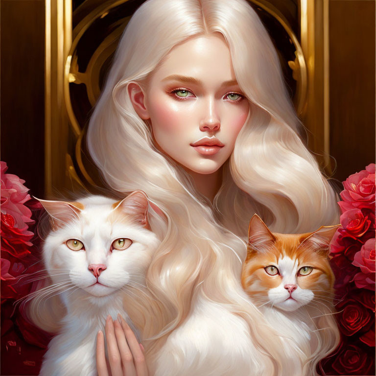 Platinum blonde woman with green eyes and two cats on dark wood background