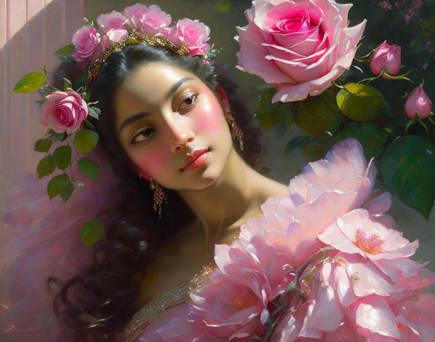 Woman surrounded by pink roses in soft sunlight