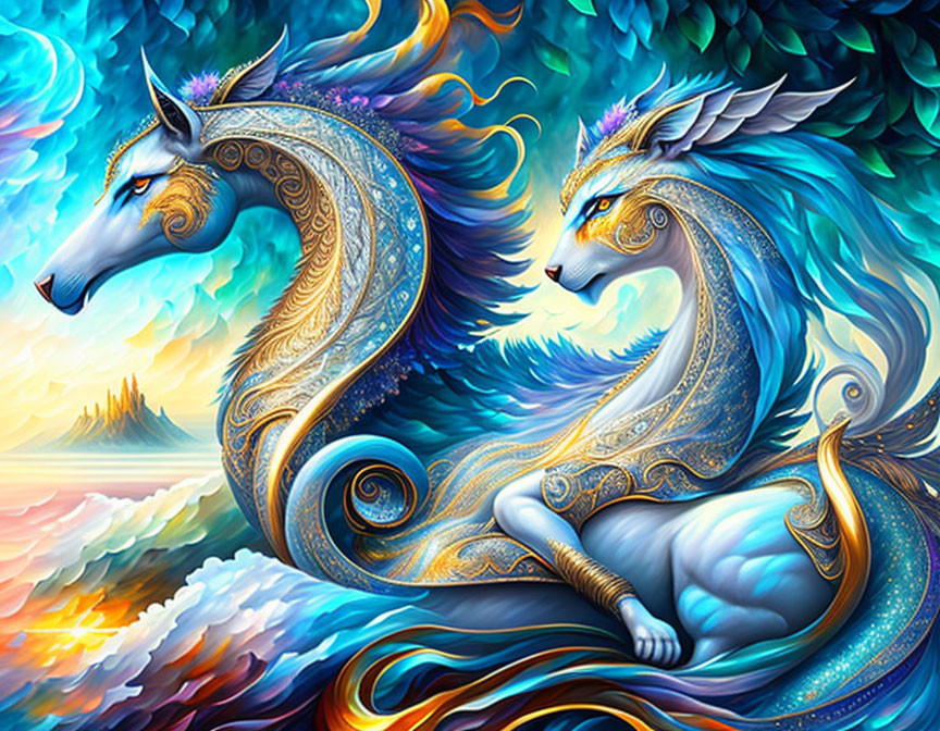 Colorful mythical seahorse-like creatures in vibrant image.