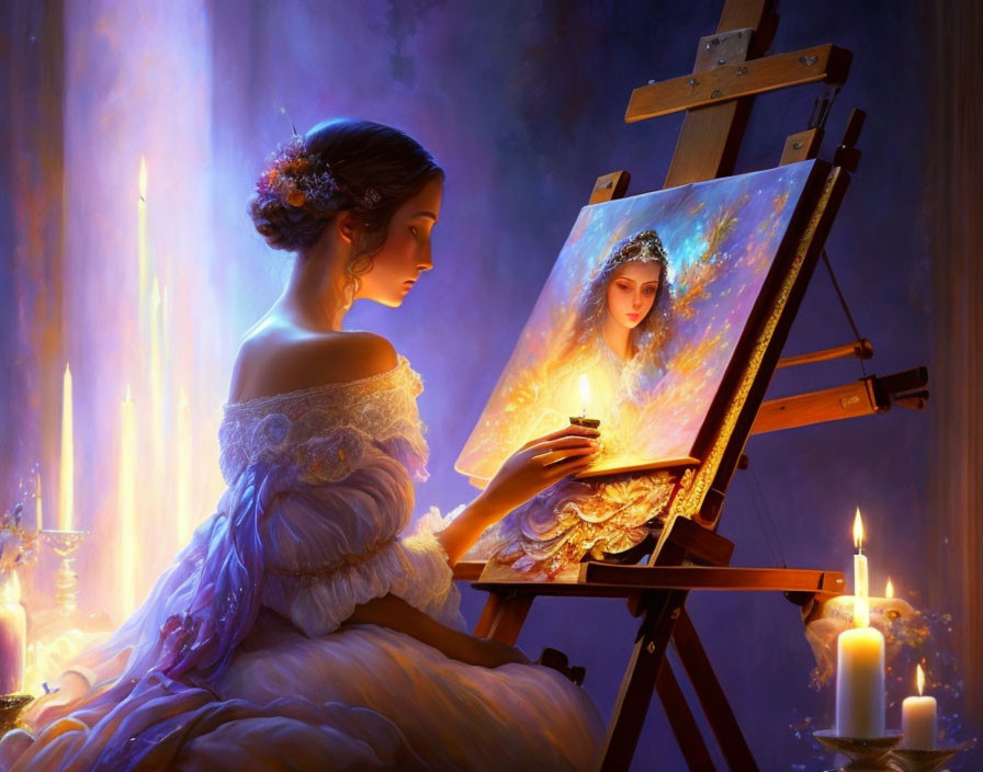 Woman in elegant dress painting self-portrait by candlelight in warm, ethereal setting