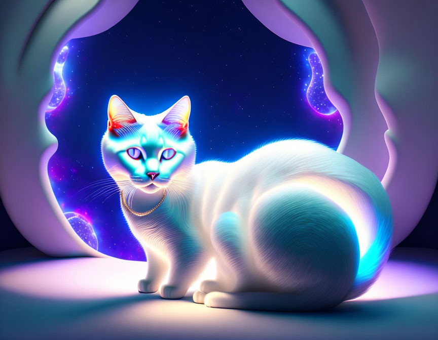 White cat with neon blue outlines against cosmic backdrop