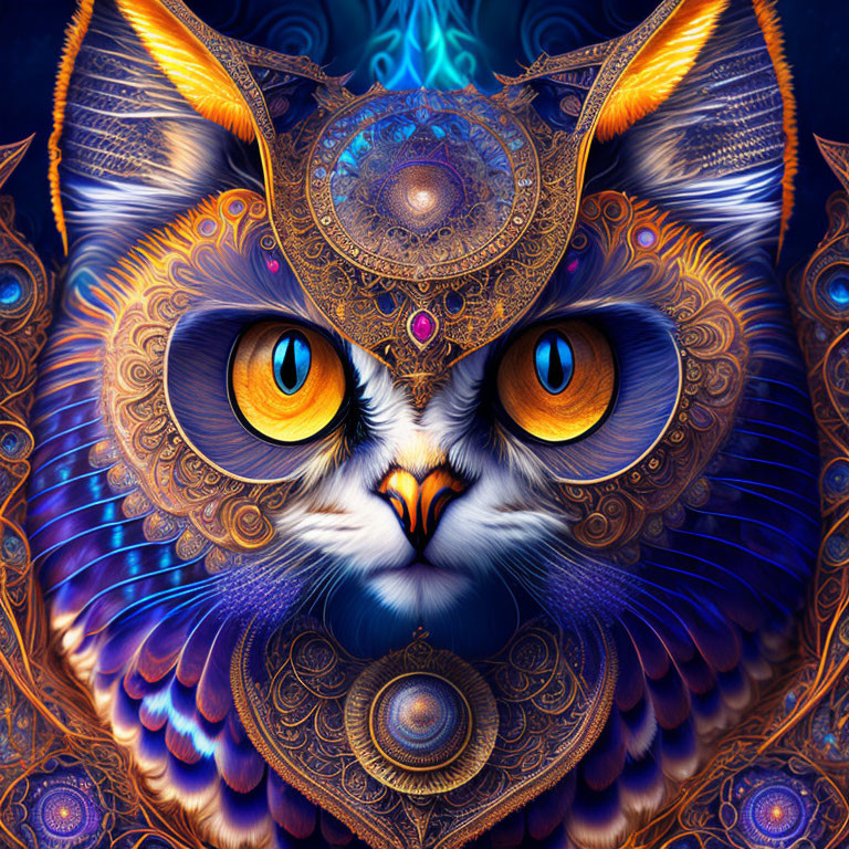 Colorful Owl Artwork with Intricate Patterns and Orange Eyes