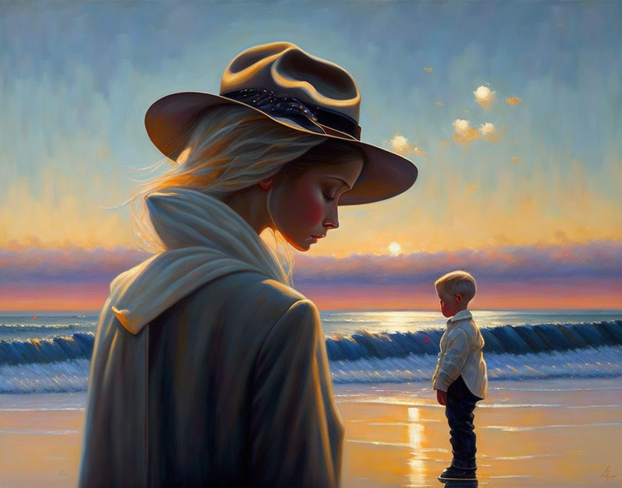 Woman in hat gazes contemplatively, child by sea at sunset