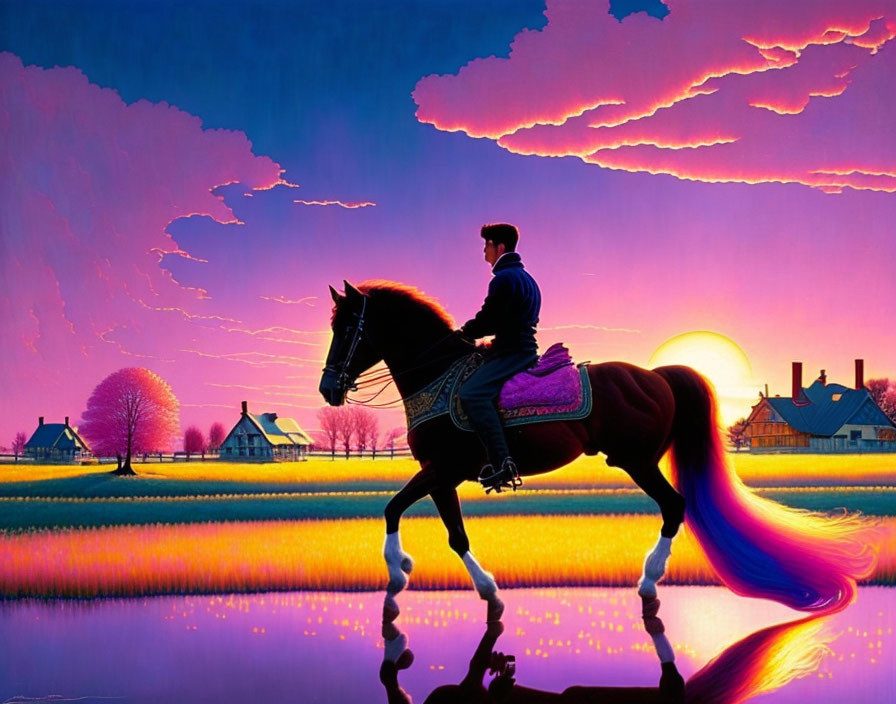 Person riding majestic horse in vibrant sunset landscape