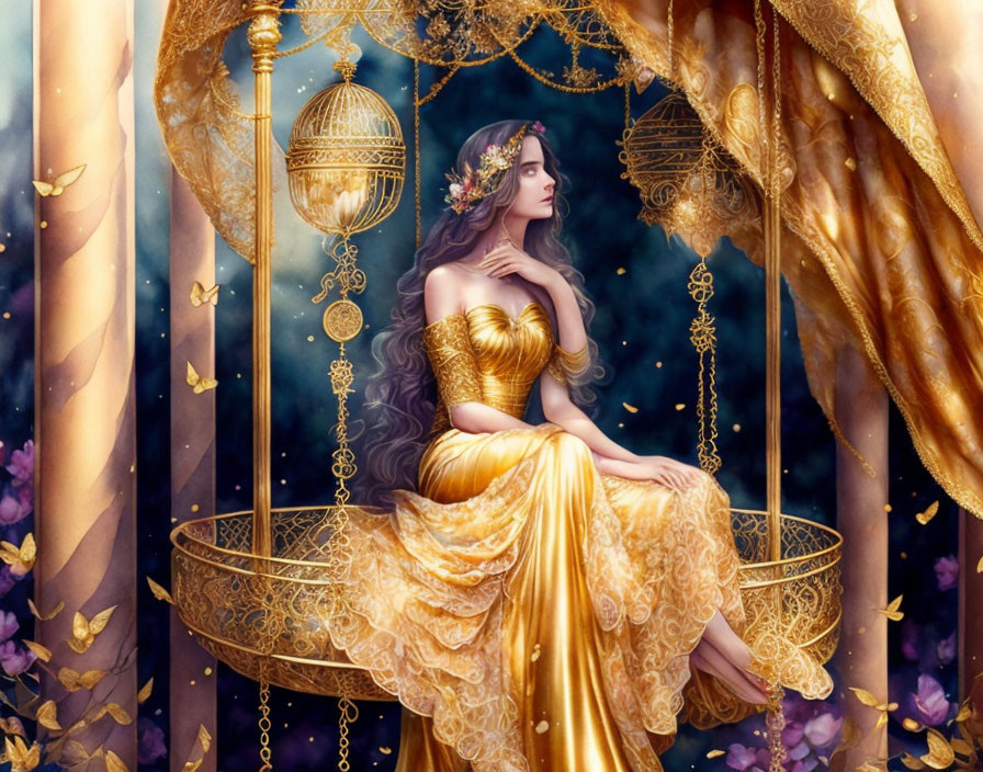 Woman in Golden Dress in Fantasy Setting with Blossoming Flowers & Ornate Structures