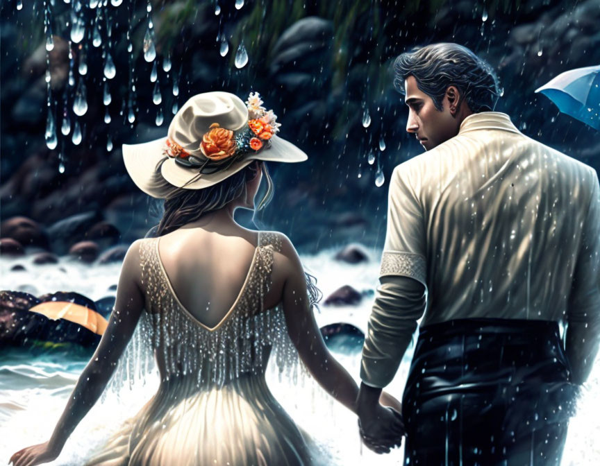 Romantic couple holding hands in rain by rocky stream.