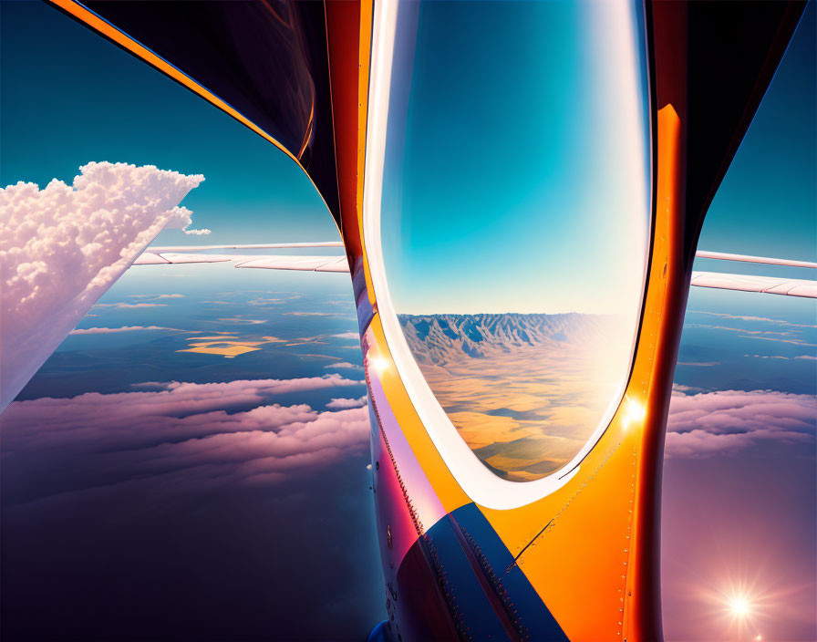 Scenic sunset view from airplane window with clouds and terrain.