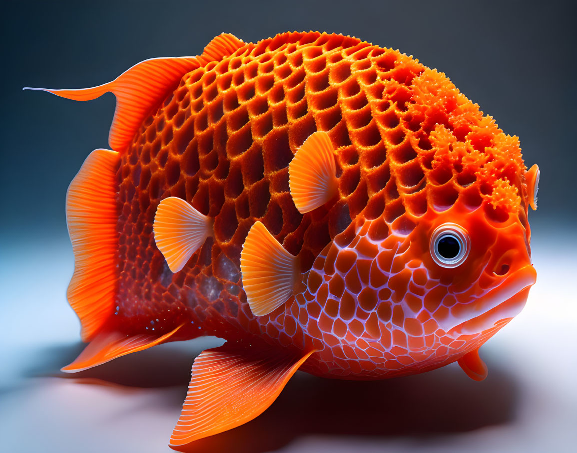 Colorful Orange Fish with Intricate Scales and Flowy Fins on Blue-Grey Background