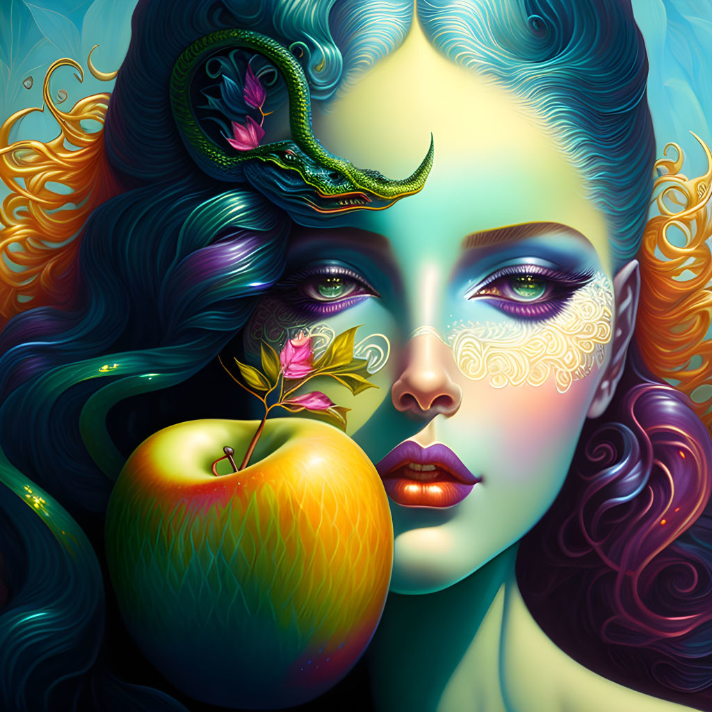 Colorful digital artwork: Woman with wavy hair, face paint, apple, snake, rose