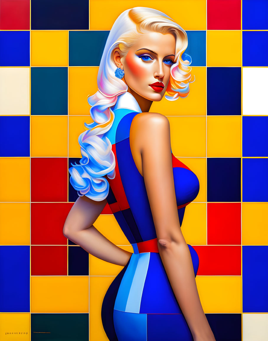 Blonde woman with blue eyes in tight blue and red dress on colorful geometric backdrop