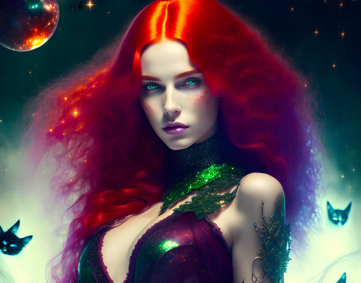 Digital artwork: Woman with red hair and green eyes in cosmic scene with butterflies