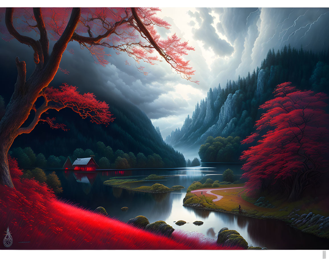 Serene lakeside scene with red foliage, distant cottage, and lightning storm