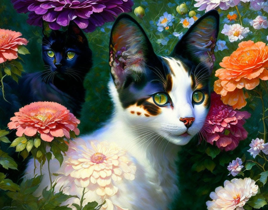 Vibrant painting of two cats among colorful flowers