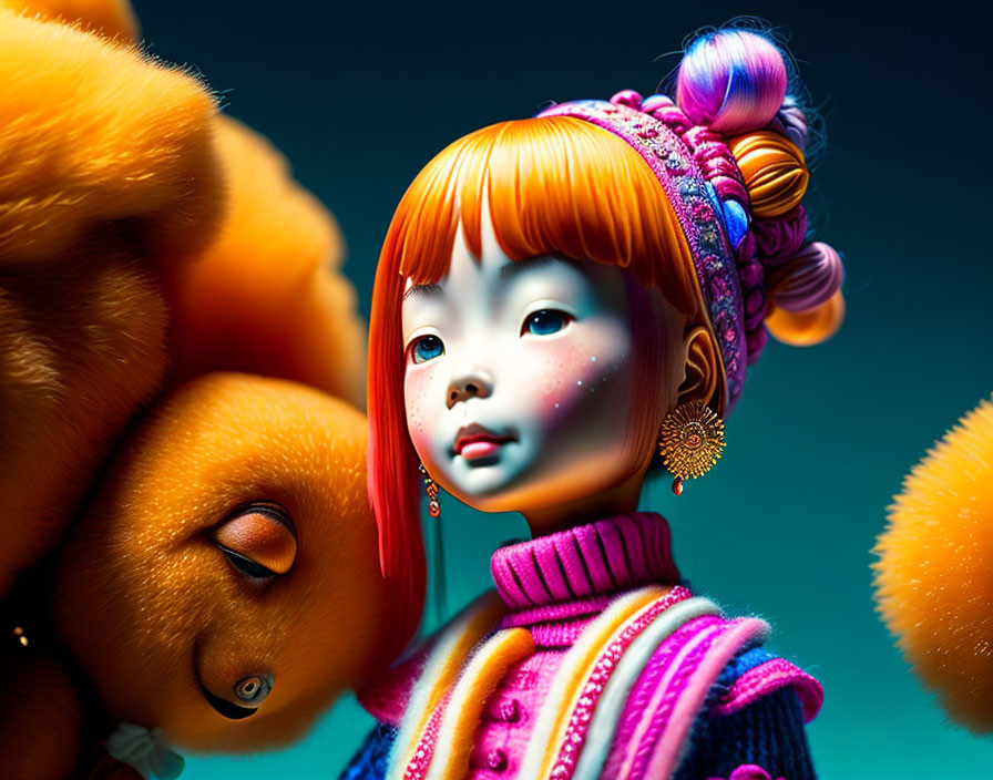Colorful digital art: girl with orange hair next to fluffy orange creature