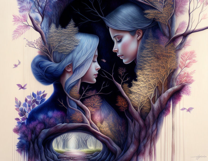 Ethereal figures with tree-like features in seasonal embrace