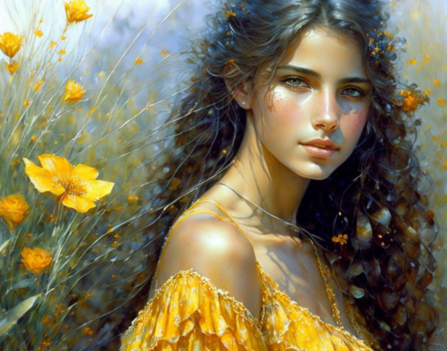 Young woman with curly hair surrounded by yellow flowers in detailed digital artwork