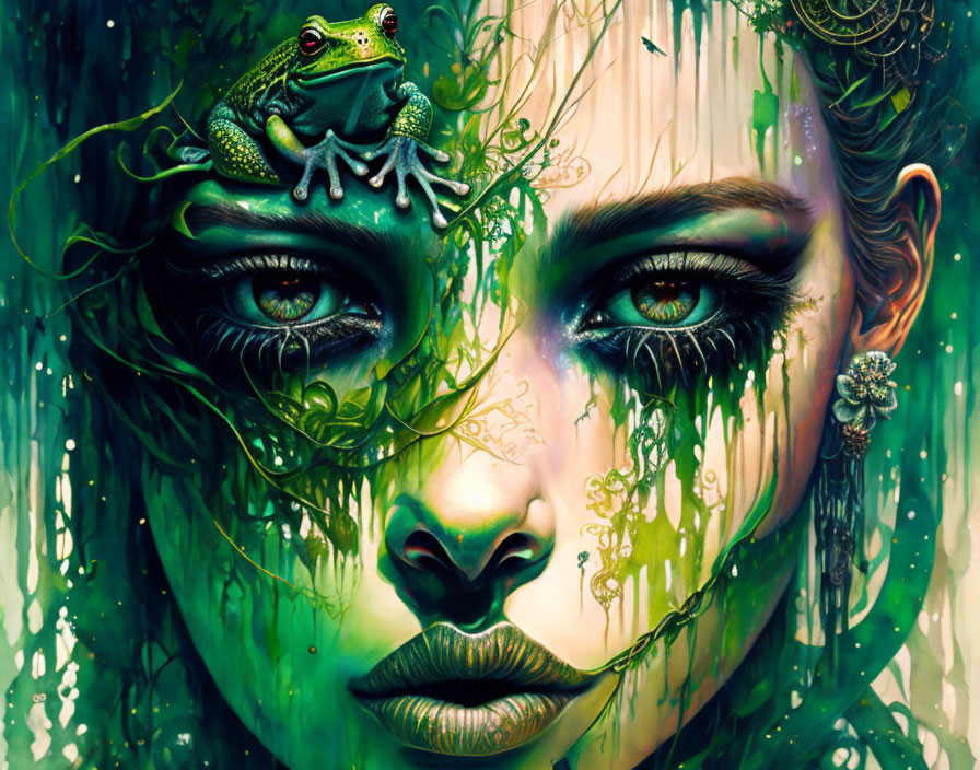 Surreal portrait of woman with vibrant green eyes and frog against lush greenery.