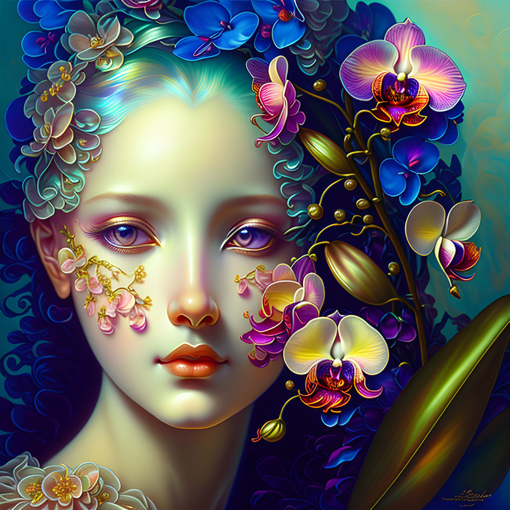 Portrait of person with pale skin among blue and purple flowers