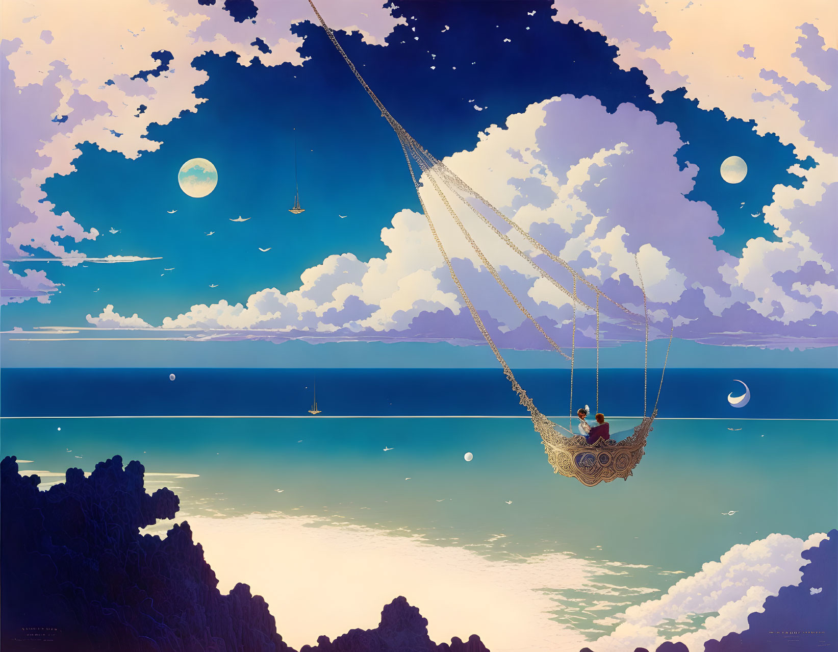Fantastical landscape with couple in swinging boat over calm waters at dusk