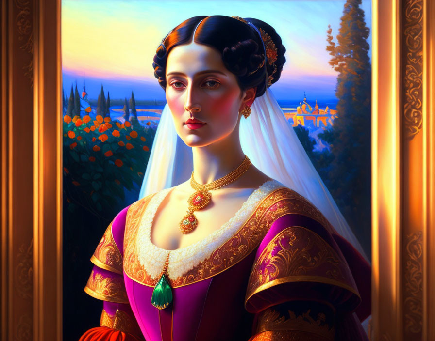 Historical royal attire portrait by window with warm lighting