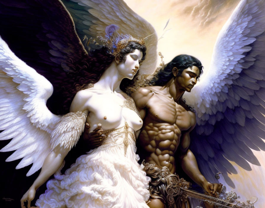 Majestic angelic couple with wings and sword in fantasy art
