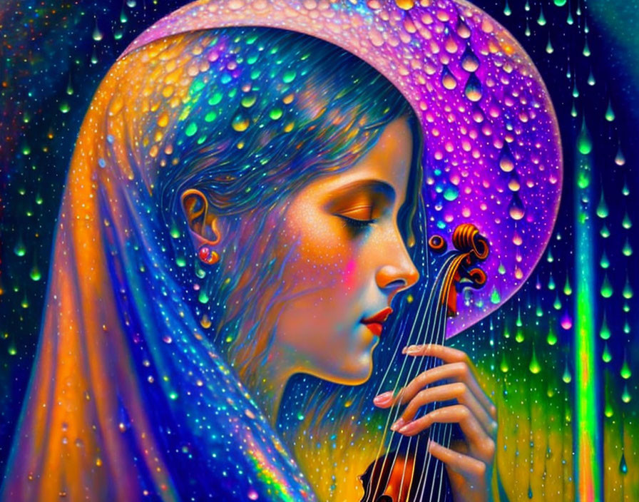 Vibrant digital painting: Woman with violin in cosmic setting