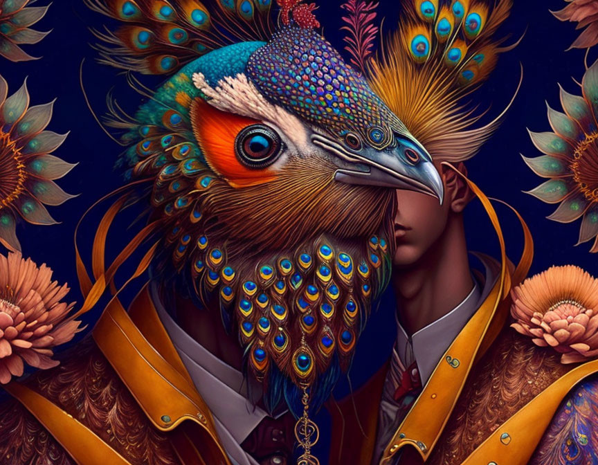 Colorful human figure with peacock head in detailed Renaissance attire