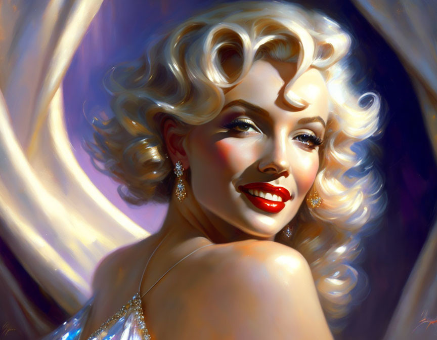 Colorful digital painting of smiling woman with blonde hair and red lipstick