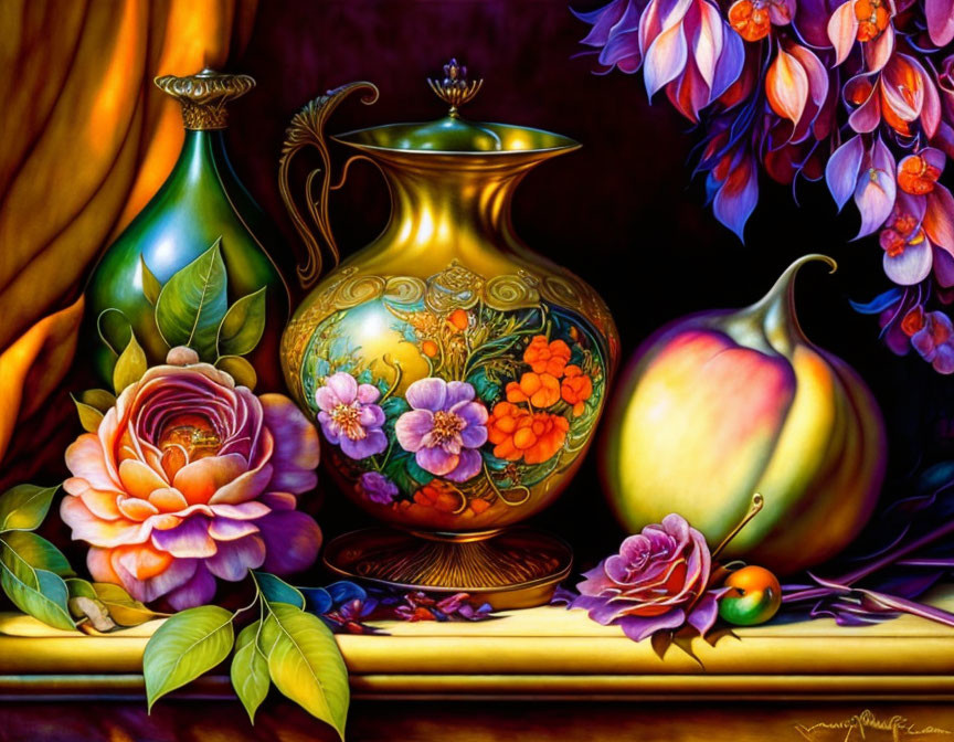 Colorful still-life painting with golden vessels, apple, gourd, and flowers on draped backdrop