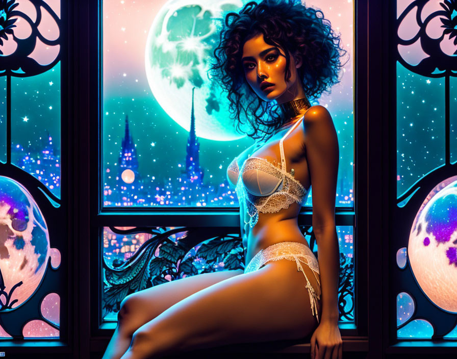 Fantasy illustration: Woman in white lingerie by cosmic window with moons and castle.