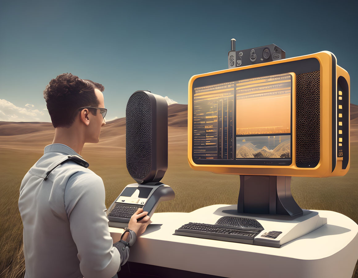 Man in surreal outdoor setting with oversized vintage computer as music studio, hills in background