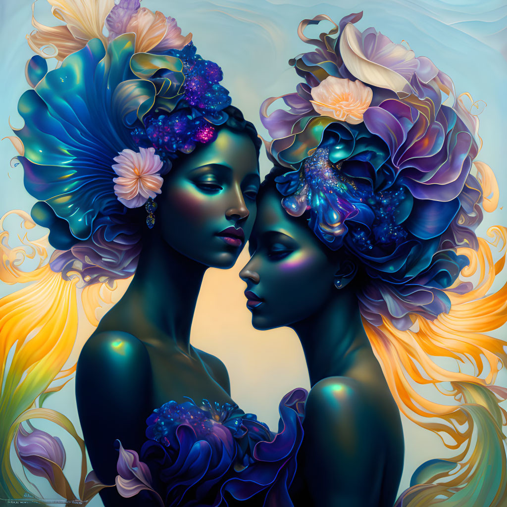 Vibrant blue female figures amidst colorful blooming flowers