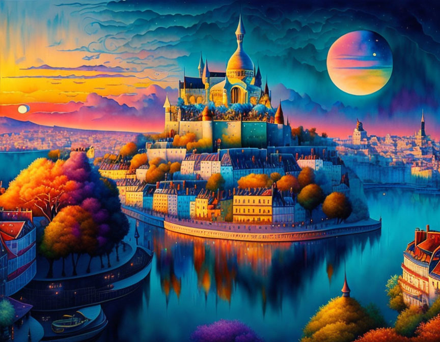 Colorful castle painting with cityscape under starry sky