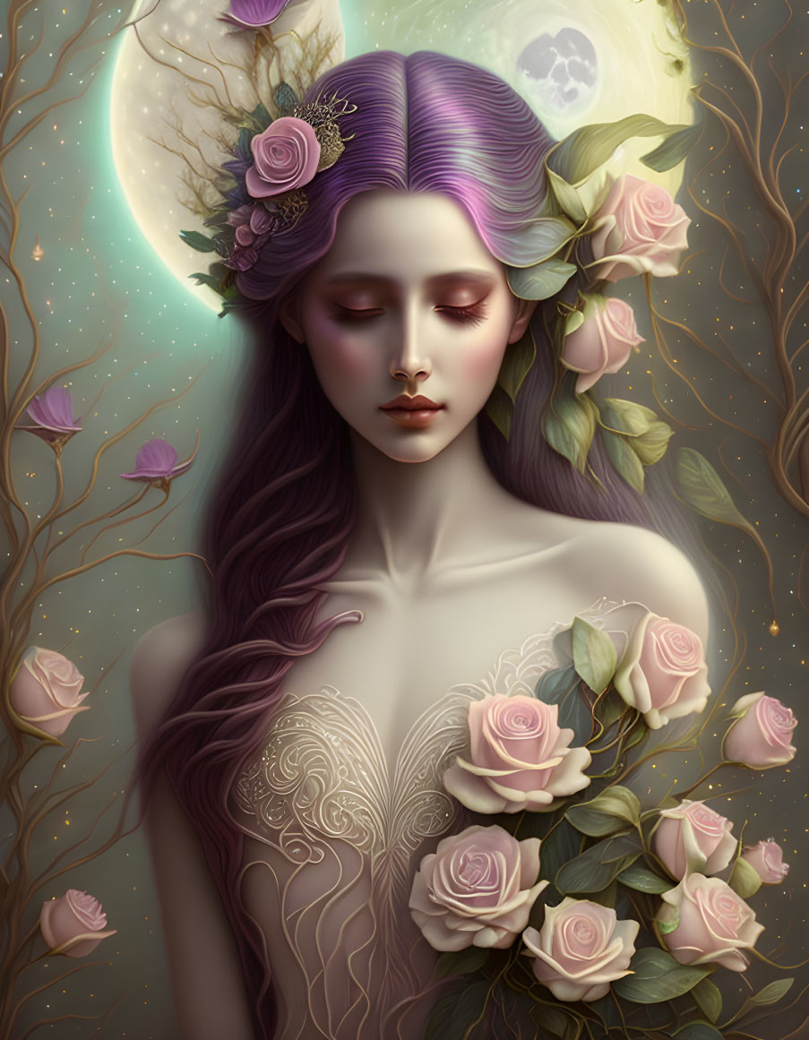 Ethereal woman with purple hair and roses, surrounded by branches and crescent moon