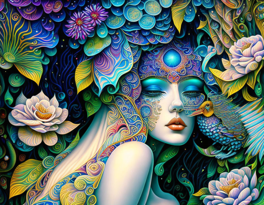 Colorful Psychedelic Artwork of Woman with Closed Eyes