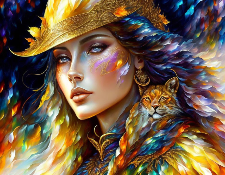 Colorful artwork: Woman with face paint, feathered hat, lynx in fiery backdrop