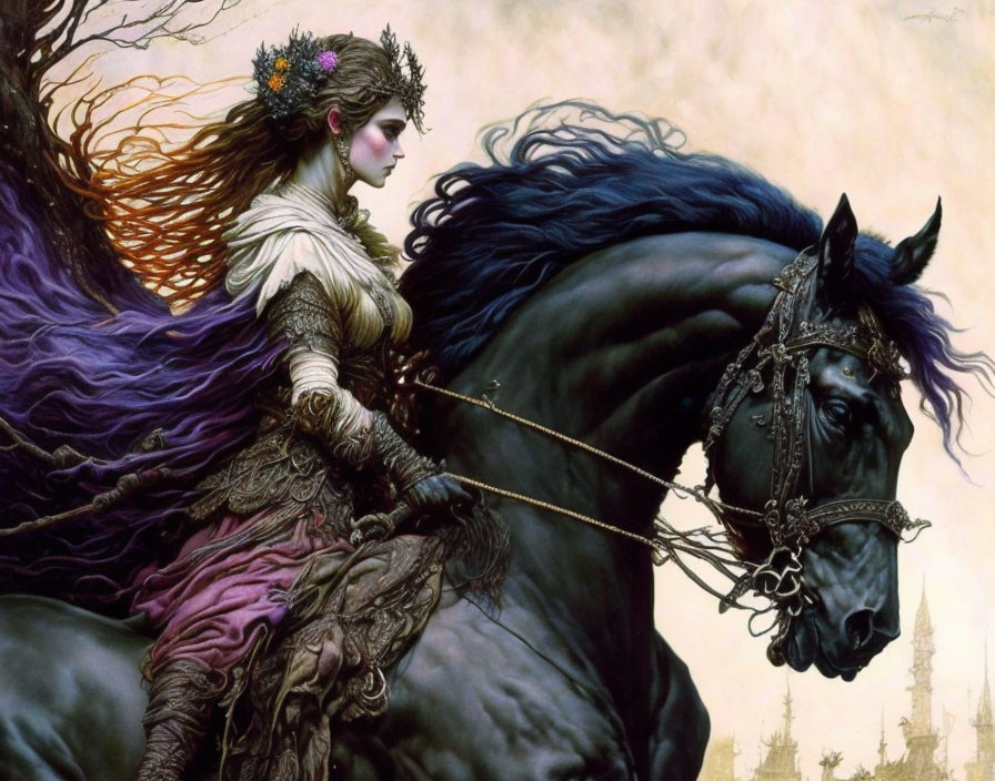 Regal woman in intricate attire on black stallion with floral crown and castle backdrop