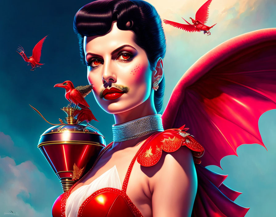 Stylized retro-futuristic woman with bird, red birds in background