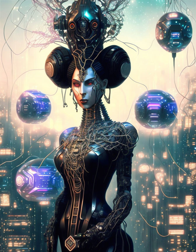 Futuristic female robot with cybernetic enhancements in high-tech cityscape