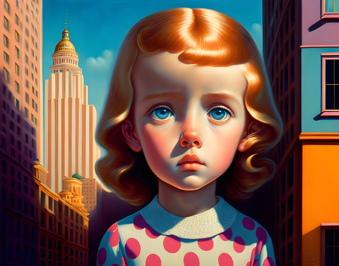 Hyperrealistic Painting: Young Girl with Blue Eyes and Blonde Curls in Cityscape