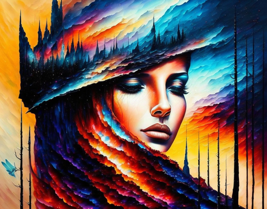 Colorful painting of woman's face merging into abstract sunset landscape