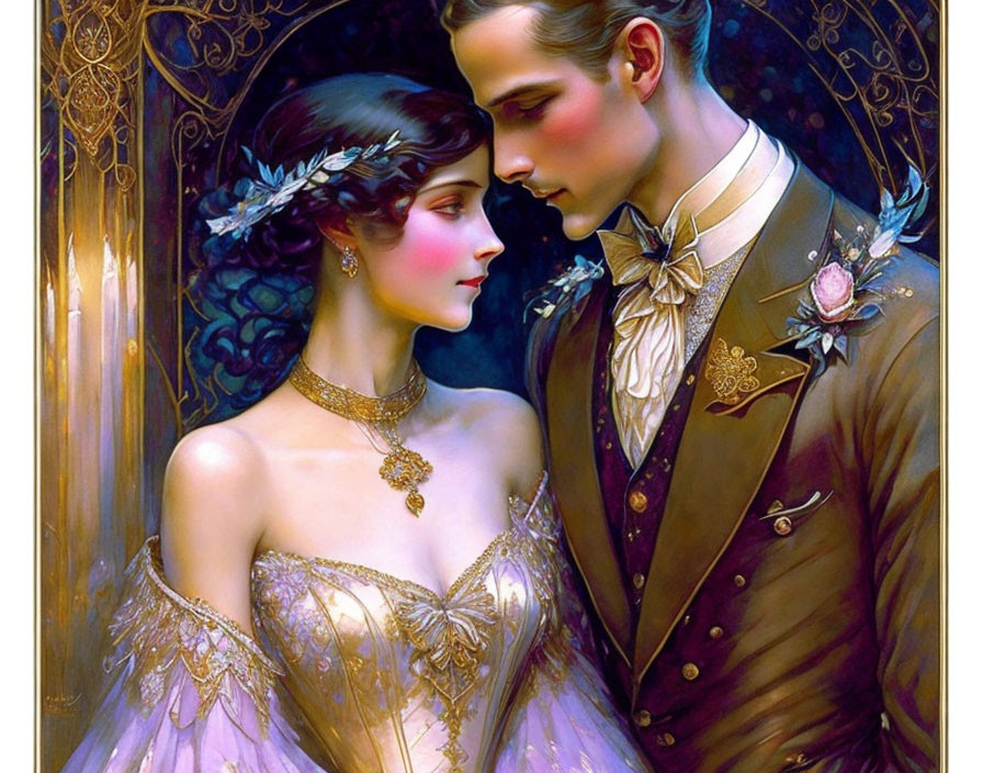 Victorian-era styled couple in romantic illustration