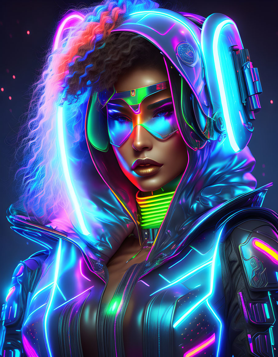 Futuristic woman in neon cyberpunk attire and headset on dark background