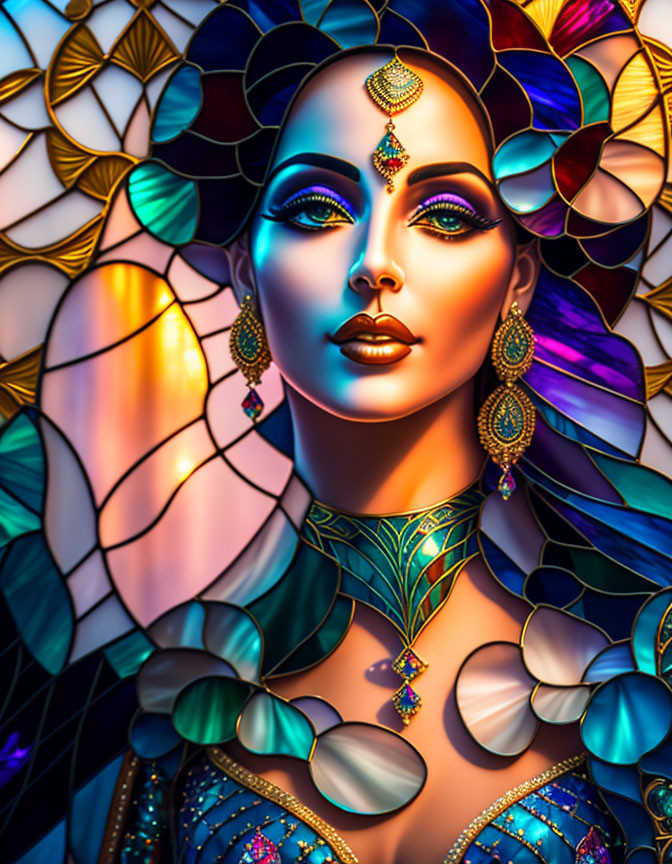 Colorful Stylized Portrait of Woman with Elaborate Jewelry