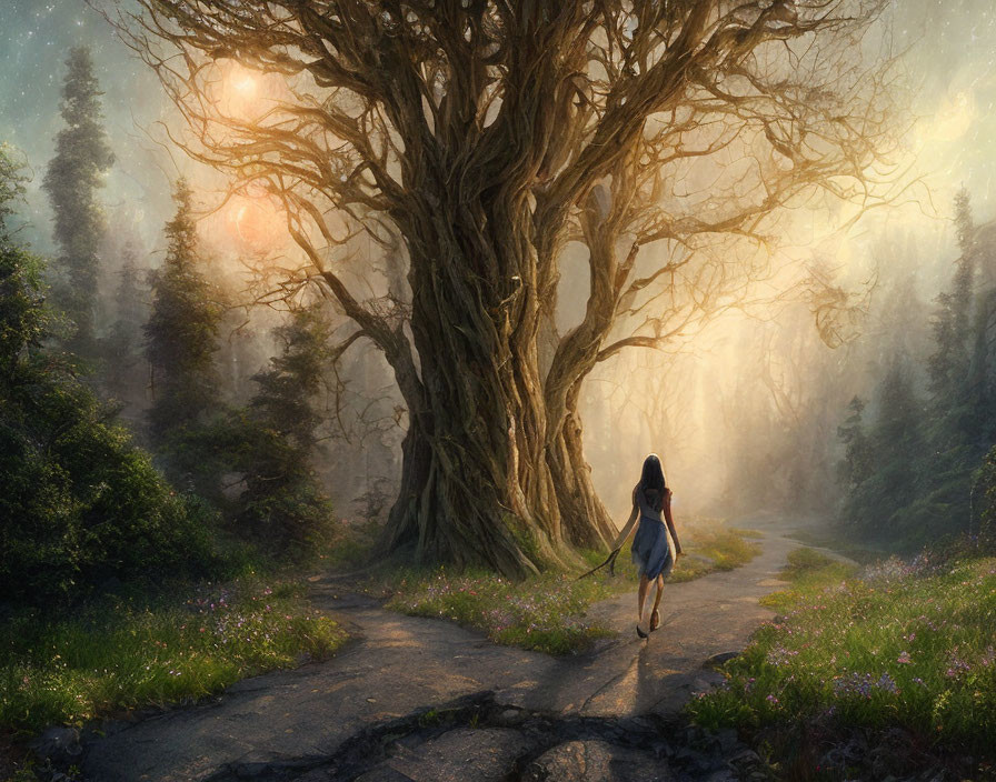 Woman walking towards grand ancient tree in forest path with flowers.